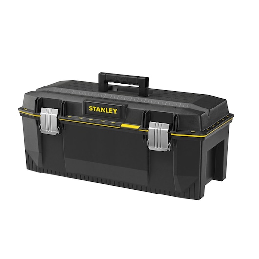 STANLEY 1-93-935 black plastic toolbox with yellow accents, dual metal latches, and top handle, front angle.