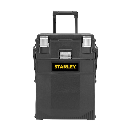 STANLEY 1-94-210 rolling black toolbox with metal latches, telescopic handle, photography, front angle.