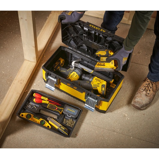 STANLEY 1-95-612 toolbox photography showing yellow and black tool case with assorted tools and accessories.