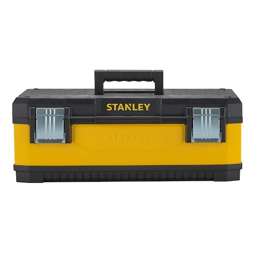 STANLEY 1-95-613 yellow and black toolbox, front view with metal latches and top handle, photography on white background.