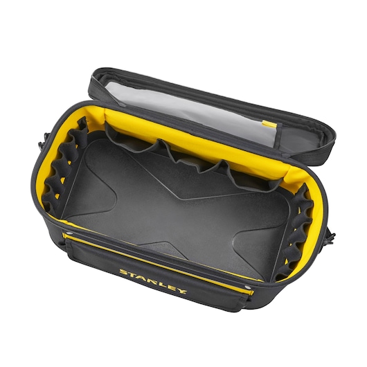 STANLEY 1-96-193 tool bag with open top view, showing yellow interior and multiple elastic tool holders.