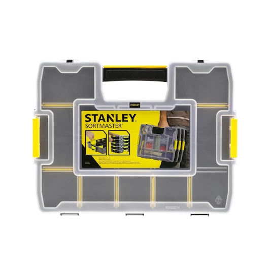 STANLEY 1-97-483 plastic organizer box with clear lid, black base, and yellow latches, front angle photo.