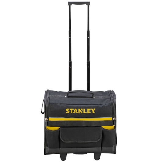 STANLEY 1-97-515 rolling tool bag, black with yellow accents, front angle on white background.