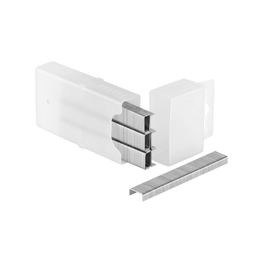 STANLEY 1-TRA202T pack of silver staples in a white plastic case, shown at an angle on white background.