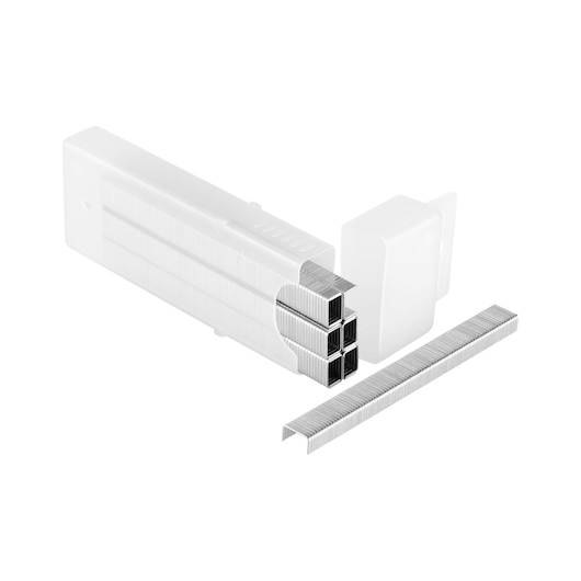 STANLEY 1-TRA704T photography of silver staples pack with one staple strip in front, white background.