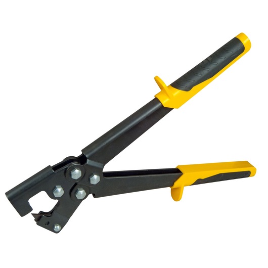 Stanley hand tool with yellow and black grip handles, used for crimping or fastening, isolated on white background.