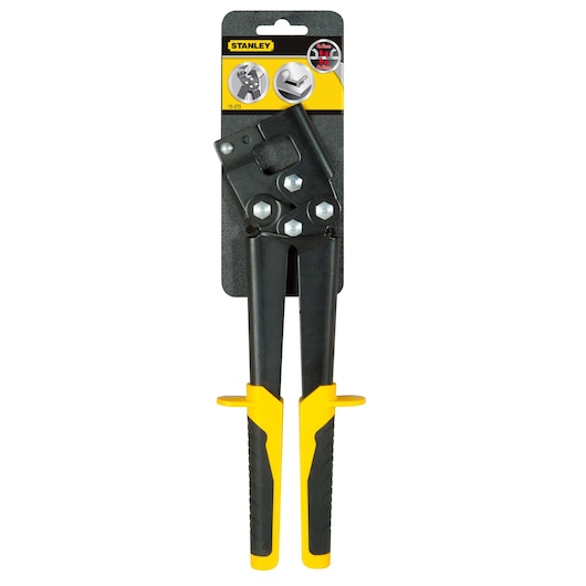 STANLEY 15-273 hand riveter tool with black body and yellow handles, front angle on white background.