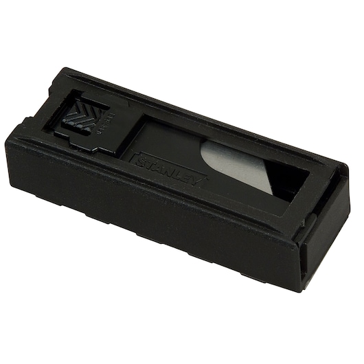 STANLEY 2-11-700 black utility blade dispenser box, angled view, shows blade inside plastic case.