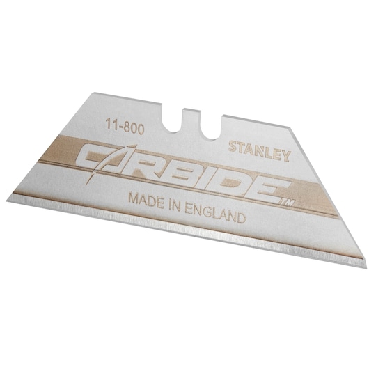 STANLEY 2-11-800 carbide utility blade, silver, single blade closeup on white background.