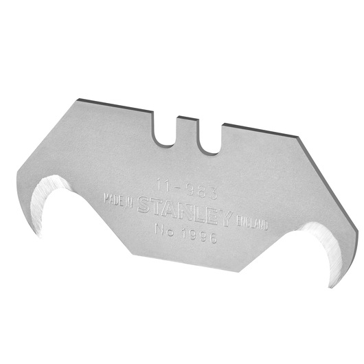 STANLEY 2-11-983 utility hook blade, silver finish, angled front view on white background.