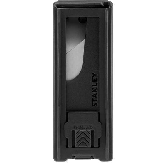 STANLEY 2-11-983 black utility knife blade dispenser, front view on white background.