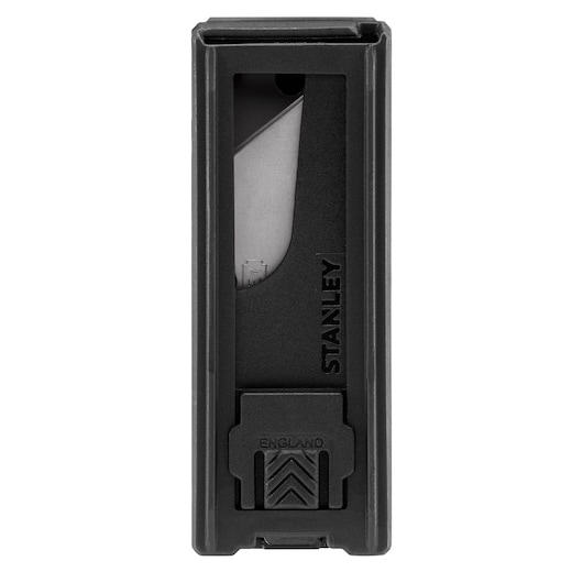 STANLEY 2-11-987 black utility blade dispenser, front angle, clear window showing blades inside.