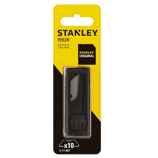 STANLEY 2-11-987 round nose safety blades pack of 10, black and yellow packaging, front angle.