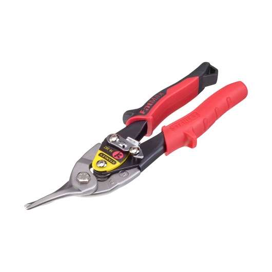 Stanley aviation snips with red and black handles and curved metal blades for cutting sheet materials.