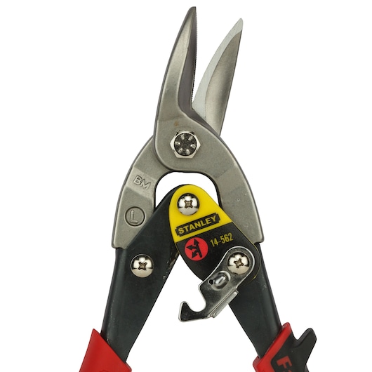 Stanley 2-14-562 aviation snip with red handles, front view on white background.
