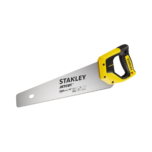 Stanley Jetcut hand saw with yellow and black handle, 380mm blade designed for fast wood cutting.
