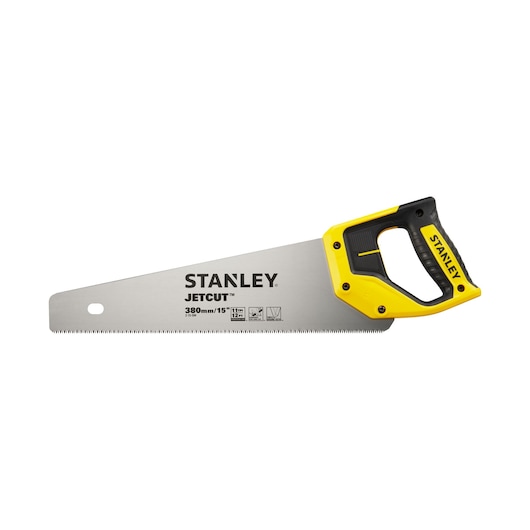 Stanley JetCut hand saw with yellow handle and 380mm steel blade, suitable for cutting wood.