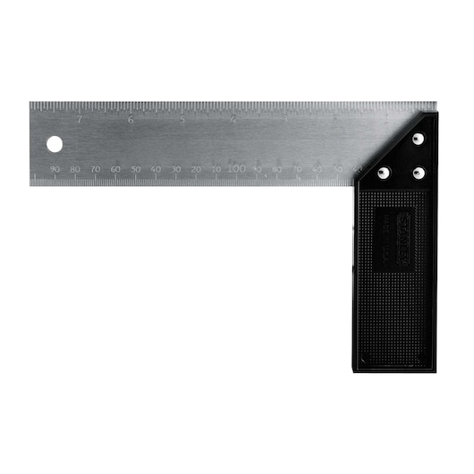 STANLEY 2-46-500 photography of a steel carpenter's square with black handle, top view on white background.