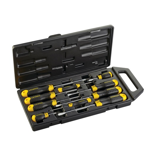STANLEY 2-65-014 screwdriver set with yellow and black handles in open black plastic carrying case, angled view.