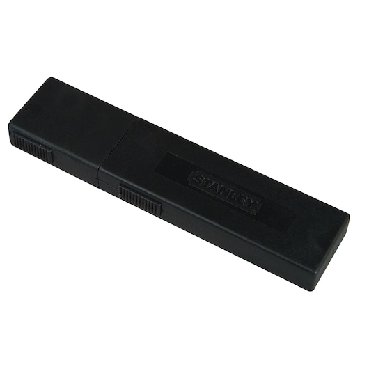 STANLEY 3-11-725 black rectangular blade storage case, top angle, photography.
