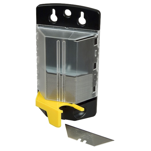 STANLEY 4-11-700 utility blade dispenser with yellow lever, clear case, and a single blade in front, front view.