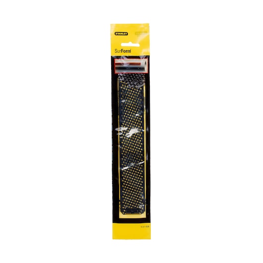 STANLEY 5-21-508 SurForm blade, black and yellow, rectangular, front angle, packaging photo.