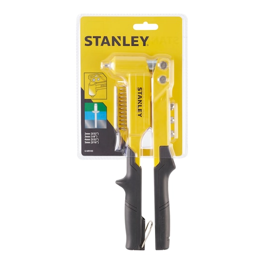 STANLEY 6-MR100 photography of yellow hand riveter tool with black handles, front angle, in retail packaging