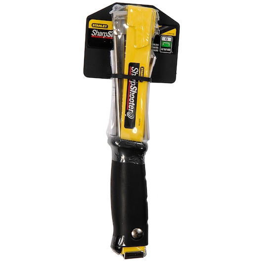STANLEY 6-PHT150 yellow and black stapler front view, plastic packaging, hand tool category.