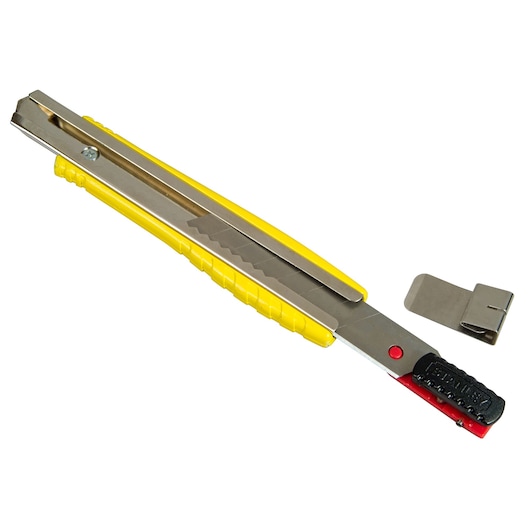 Photo of STANLEY 8-10-421 utility knife with yellow handle and detachable metal clip, side angle.