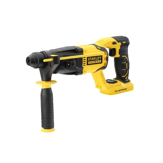 STANLEY FMCD900B cordless yellow and black rotary hammer drill, side handle, right side view, white background.
