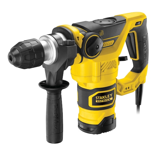 STANLEY FME1250K rotary hammer, yellow and black, front angle on white background.
