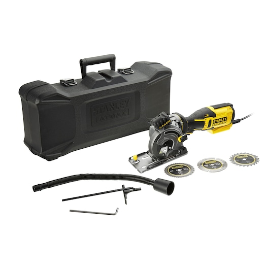 Stanley Fatmax compact circular saw set with case, three blades, hose, and accessories on white background.
