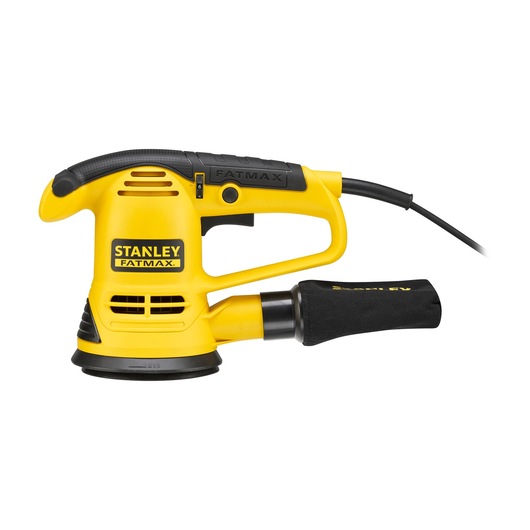 Stanley FME440K corded yellow orbital sander, side view on white background.