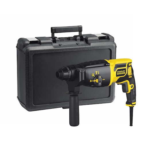 STANLEY FME500K rotary hammer drill with side handle, yellow and black, shown with black carrying case, front angle.