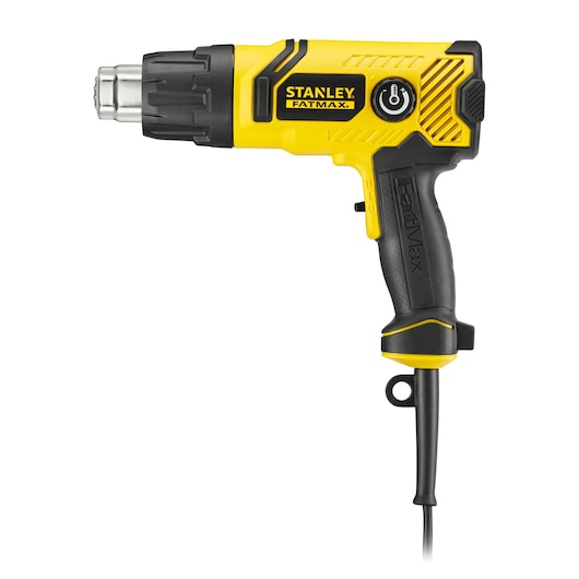 STANLEY FME670K heat gun, yellow and black, right side view, ergonomic handle, photography on white background.