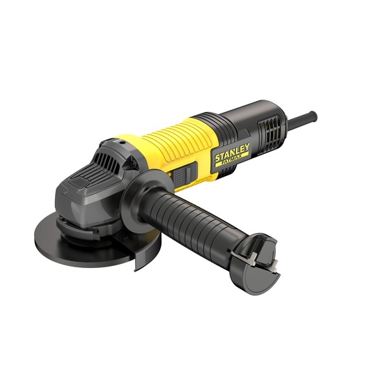 STANLEY FMEG220 angle grinder, yellow and black, with side handle, product photo on white background.