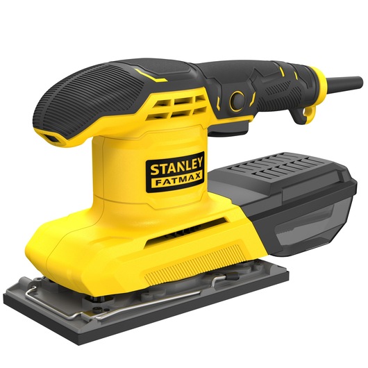 STANLEY FMEW214K sheet sander, yellow and black, side angle on white background.