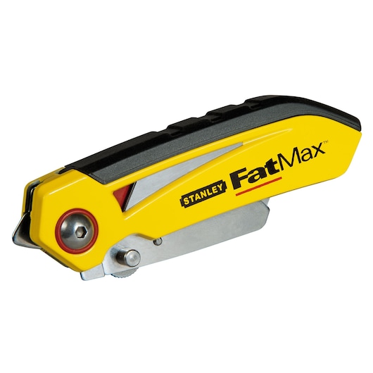 Photo of STANLEY FMHT0-10827 yellow folding utility knife, side view, FatMax branding visible.