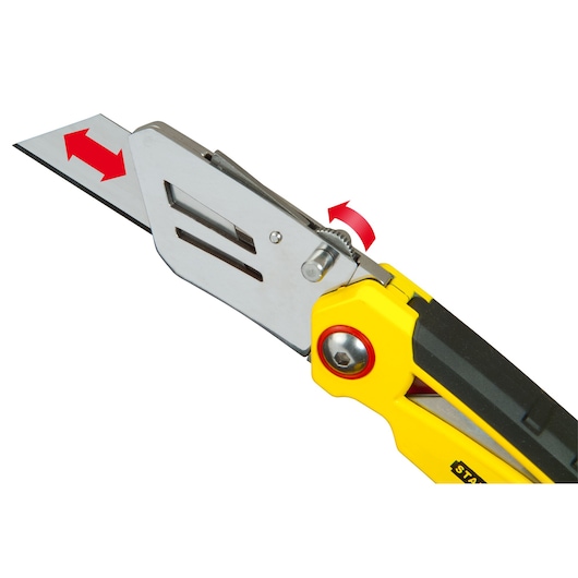 STANLEY FMHT0-10827 folding utility knife with blade change mechanism and arrows showing movement, side angle.