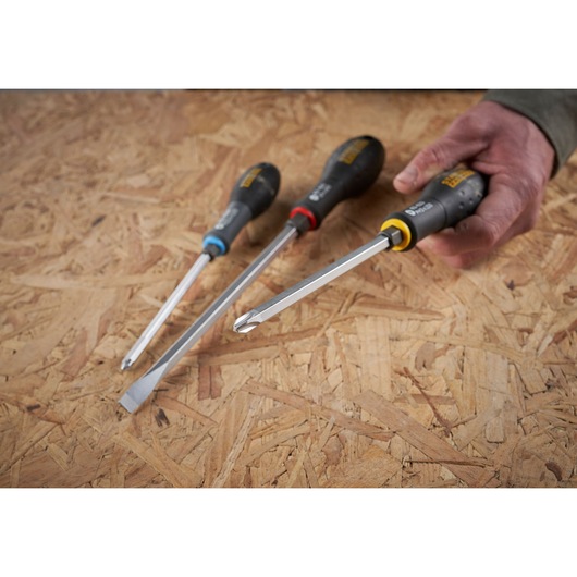 STANLEY FMHT0-62623 screwdriver set with ergonomic handles on wooden surface, side angle.