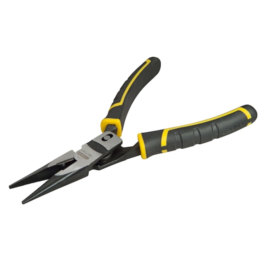 Stanley FMHT0-70812 long nose pliers with black and yellow grips, side angle on white background.