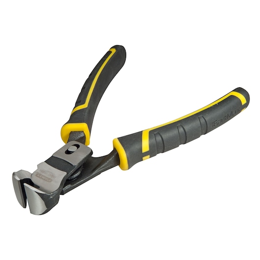 STANLEY FMHT0-71851 end cutting pliers with black and yellow ergonomic handles, angled on white background.