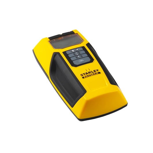 STANLEY FMHT0-77407 stud finder, yellow and black, angled front view on white background.