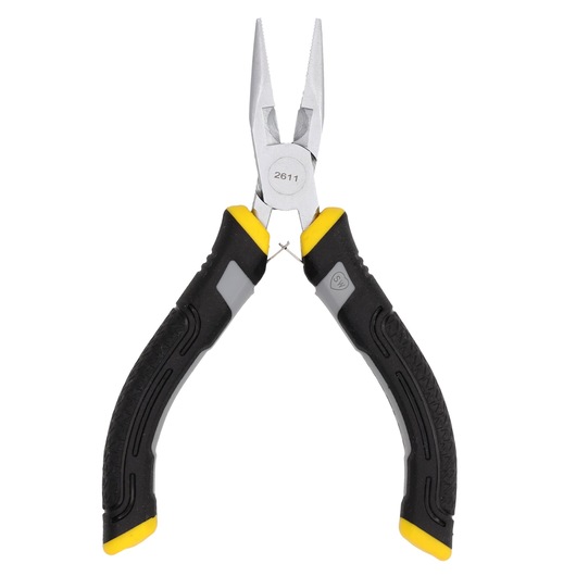 Stanley long nose pliers with black and yellow handles, designed for precision gripping and cutting.