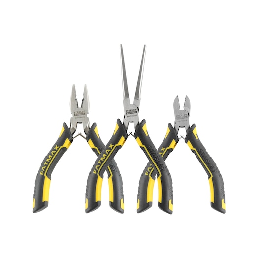 Stanley Fatmax set of three pliers with black and yellow handles, displayed on a white background.