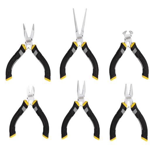 Set of six STANLEY pliers with black and yellow handles displayed on a white background.