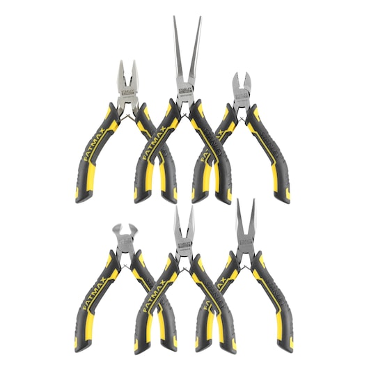 Set of six STANLEY FATMAX pliers, black and yellow handles, on white background, various types for tool use.