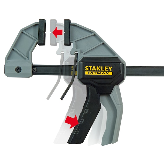 STANLEY FMHT0-83232 photography of adjustable trigger clamp, side angle, showing clamping mechanism and red arrows.