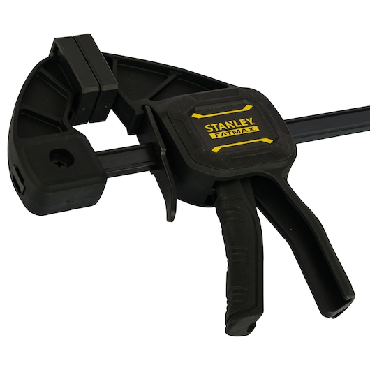 Stanley FMHT0-83233 clamp, black plastic, photography, side angle on white background.