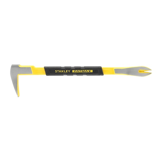 STANLEY FMHT1-55010 demolition bar with yellow handle and black grip, side view on white background.